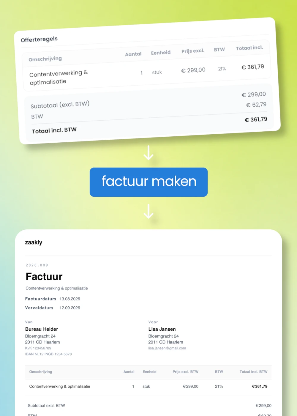 De regels van een offerte gaan via de knop 'factuur maken' over in een factuur met dezelfde klant, dezelfde regels en hetzelfde bedrag