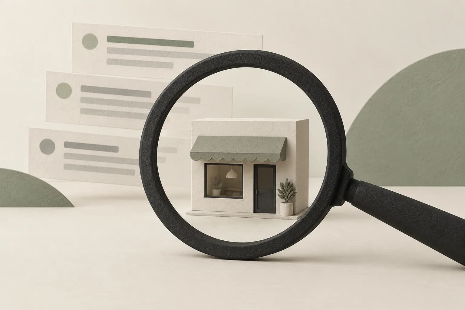 Minimalistische illustratie van een vergrootglas boven een bedrijf en zoekresultaten.