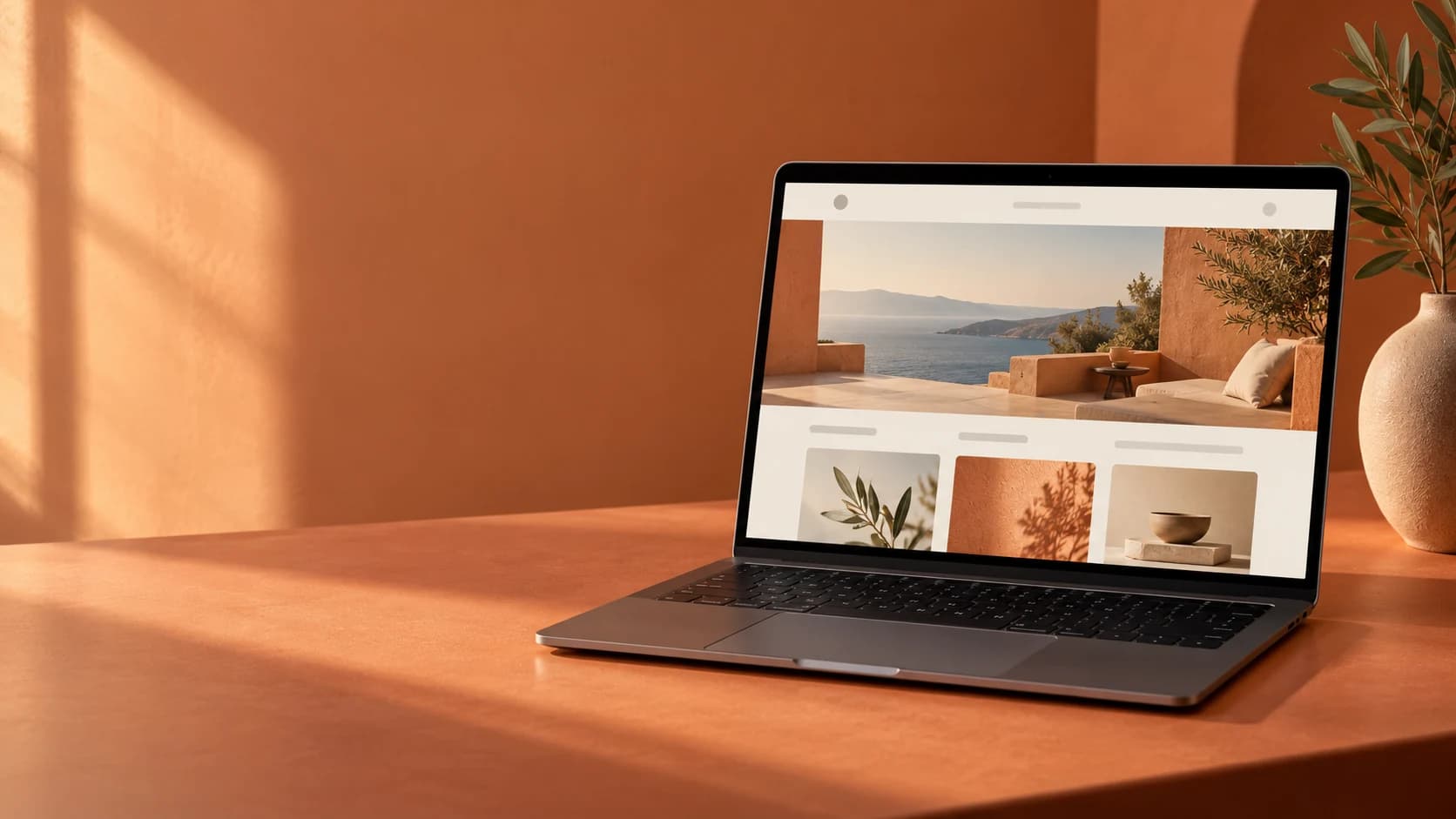 Moderne laptop met een professionele website op een minimalistisch bureau tegen een warme oranje achtergrond.
