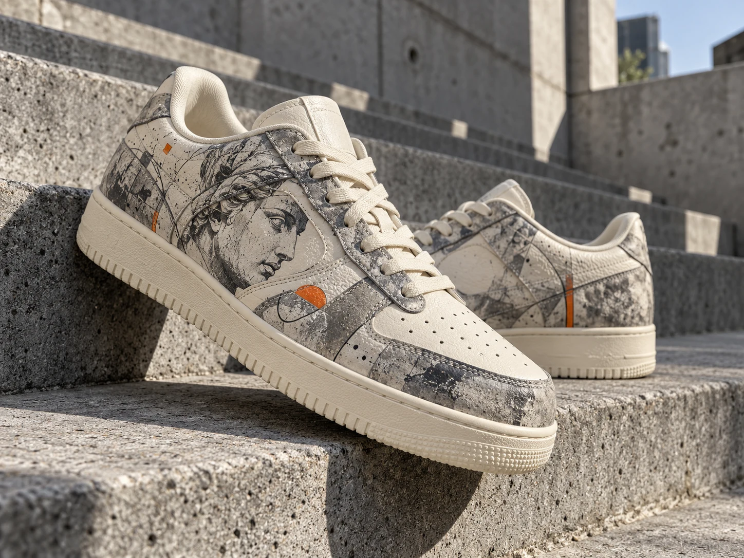 Concrete custom in grijs en crème op een betonnen trap