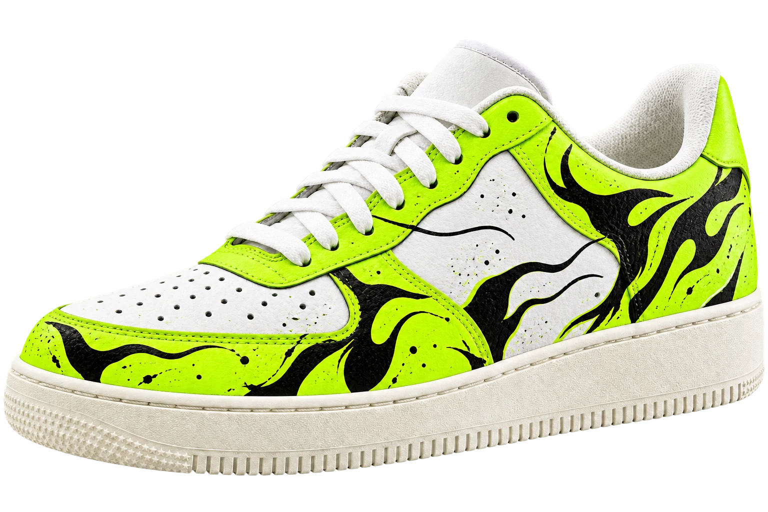 Witte low-top sneaker met handgeschilderde acid green en zwarte details