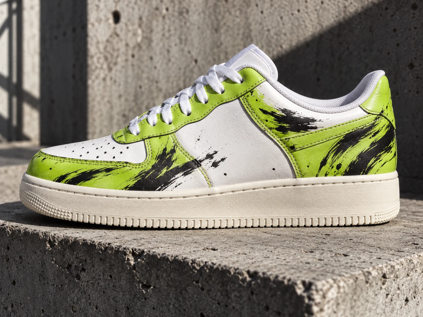 Toxic Green custom sneaker op ruw beton
