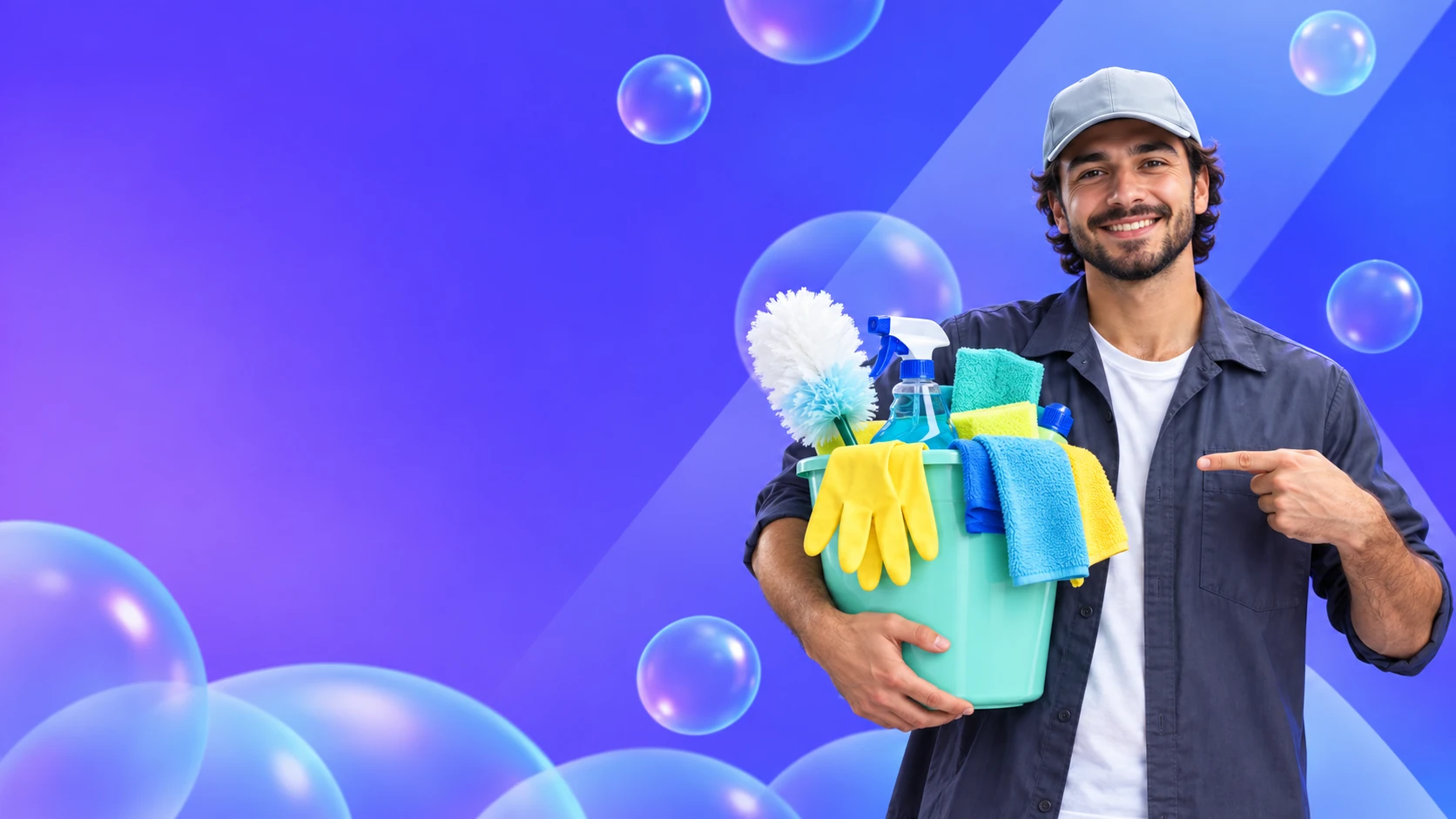 Een schoonmaker met een emmer, sprayflessen en schoonmaakdoeken tegen een blauwe achtergrond