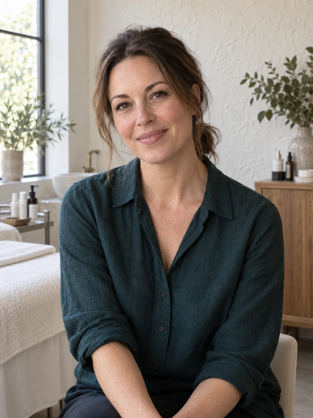 De huidverzorgingsspecialist in haar lichte studio, gekleed in een donkergroene linnen blouse