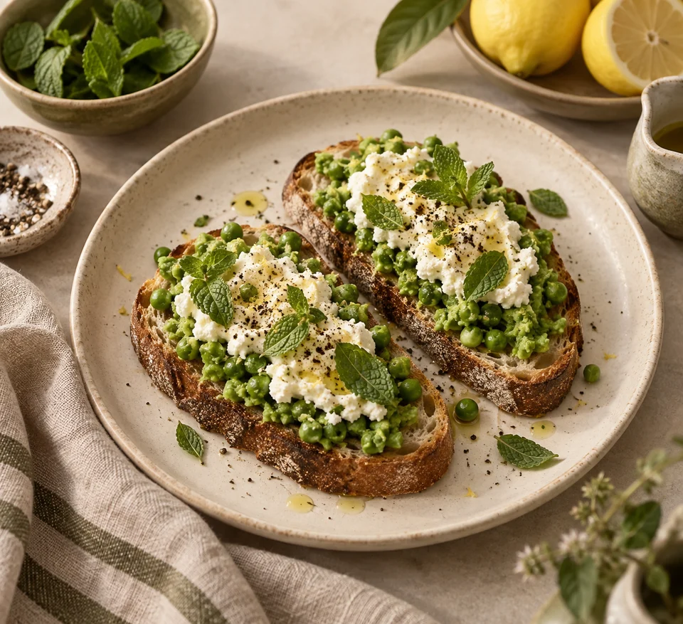 Zuurdesemtoast met doperwten, ricotta en munt