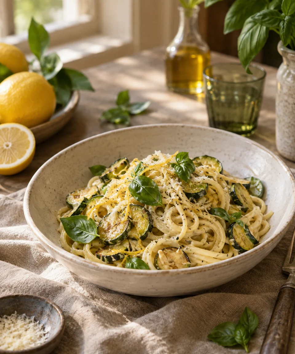 Citroenpasta met courgette en basilicum