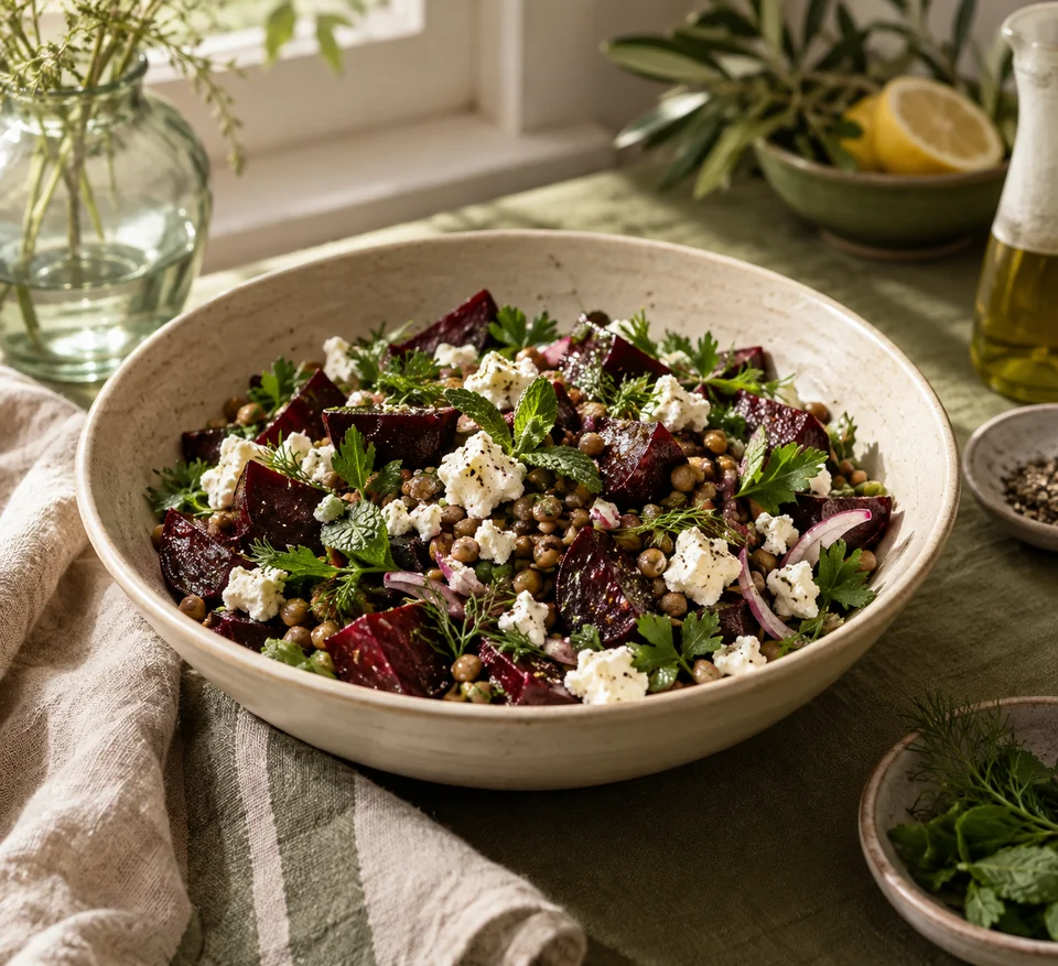 Bietensalade met linzen, feta en verse kruiden