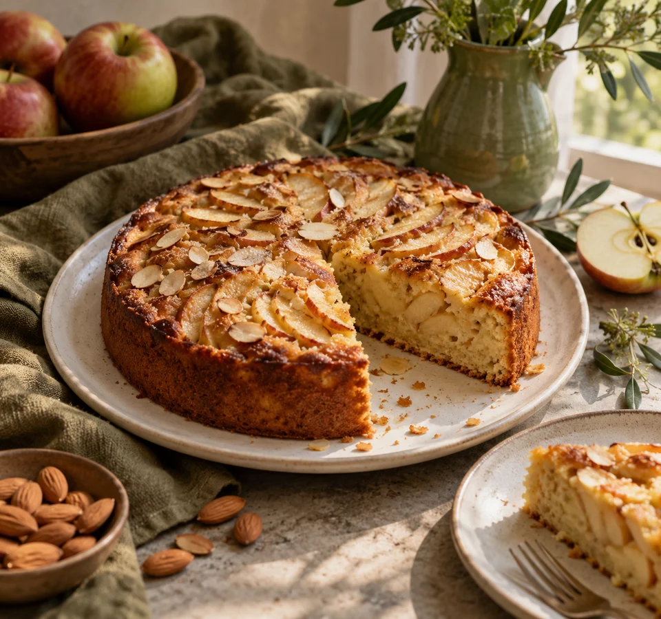 Appel-amandelcake met een aangesneden stuk