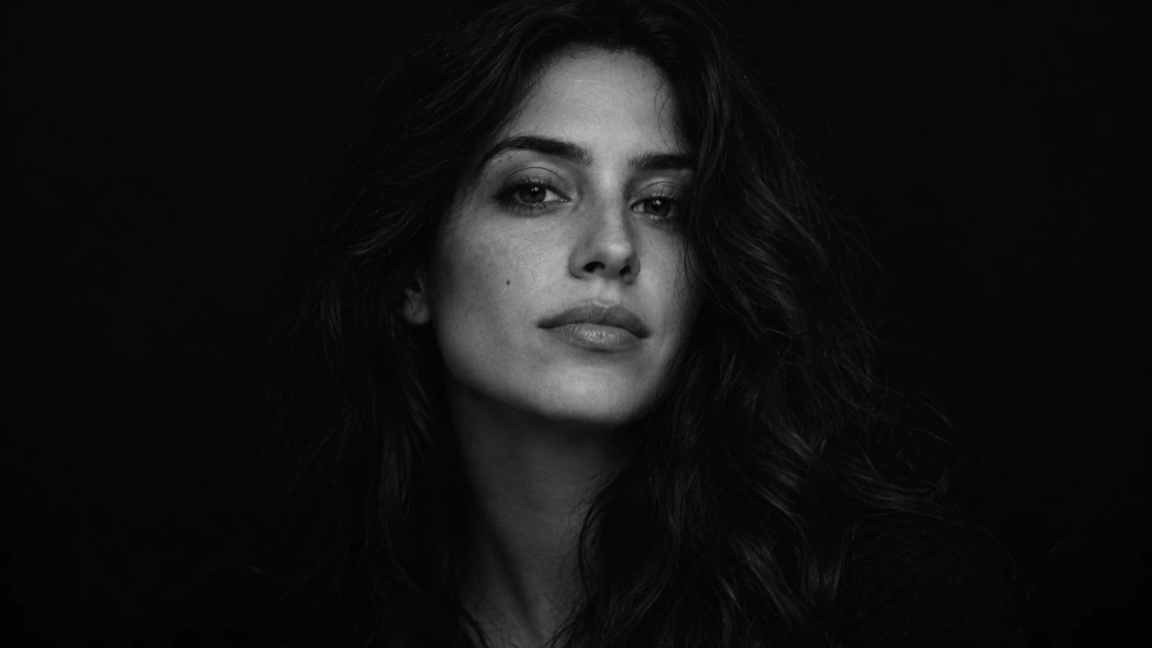 Black-and-white portrait of Mara Voss looking directly at the camera against a dark background