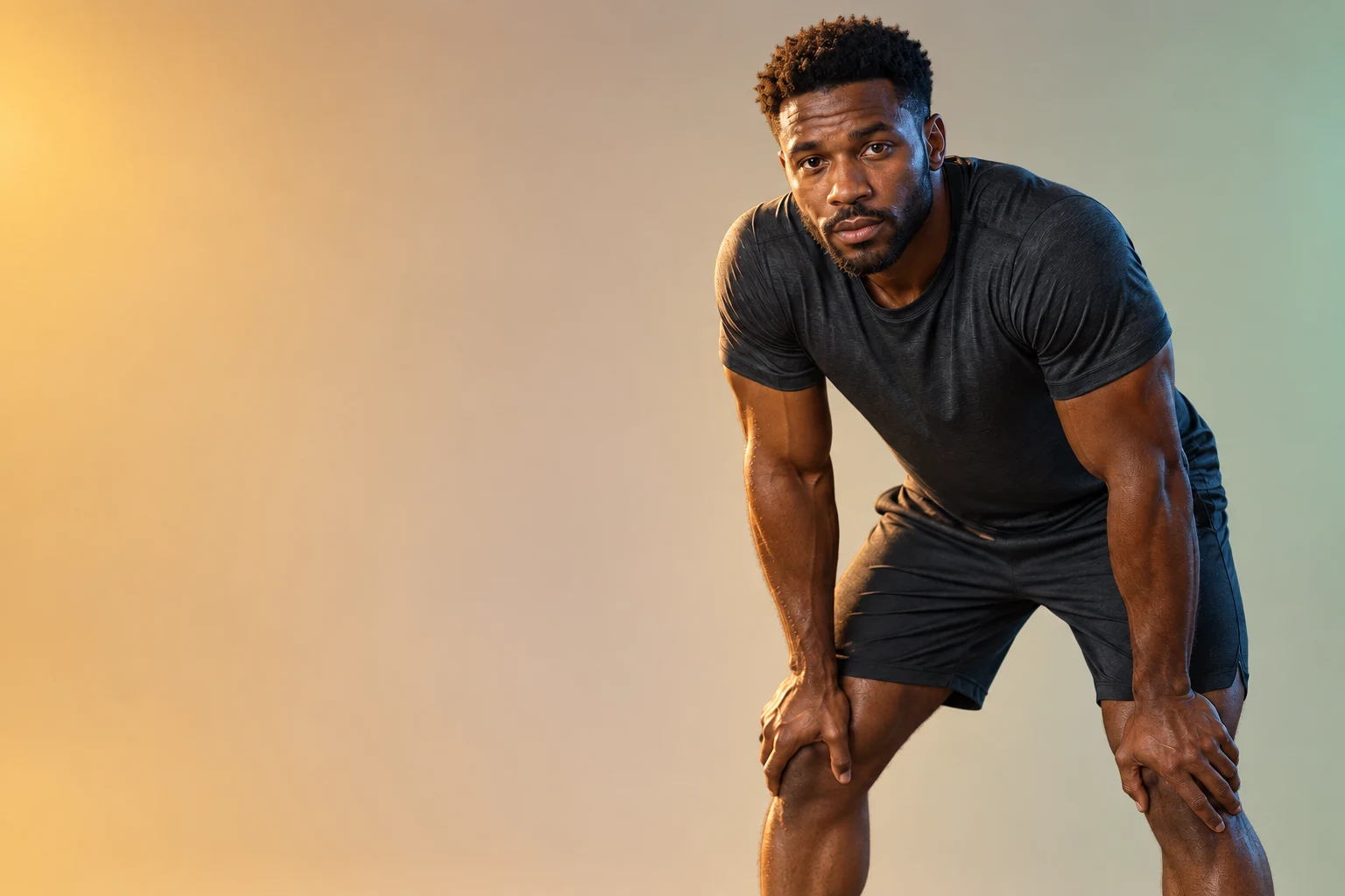 Sportende man in donkere sportkleding, tussen twee trainingssets