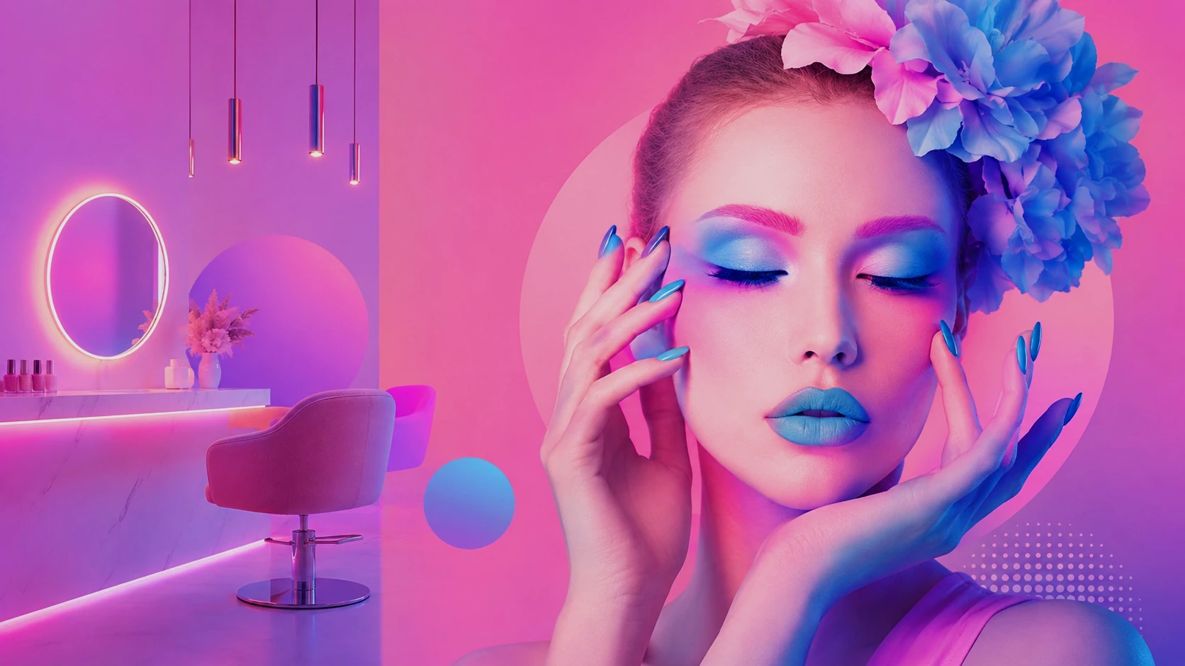 Beauty studio met roze en lavendelkleurig licht, een model met blauwe make-up en nail art