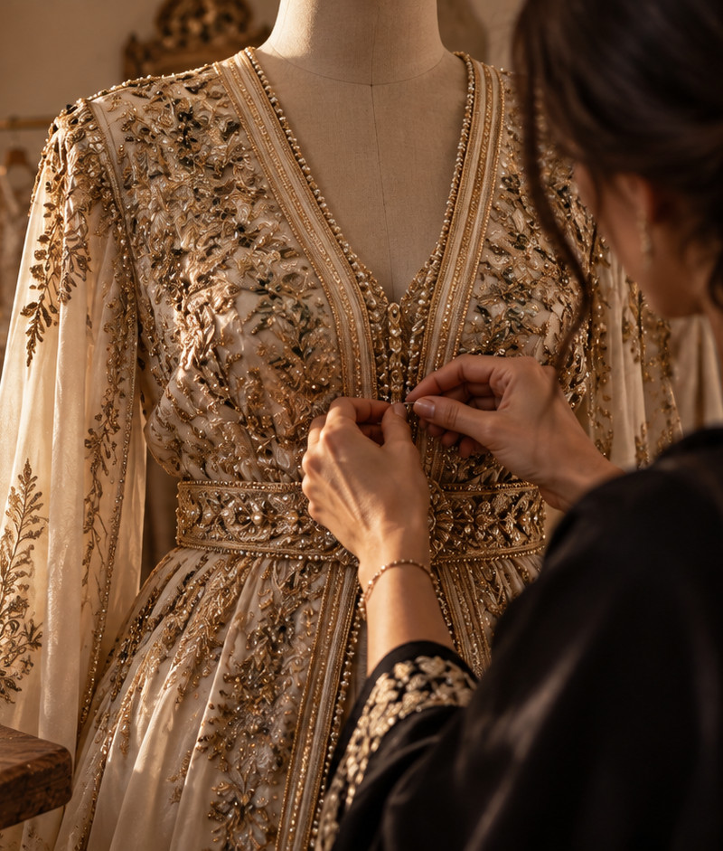 Handen die een ivoorkleurige kaftan met goudborduursel sluiten op een paspop in het atelier