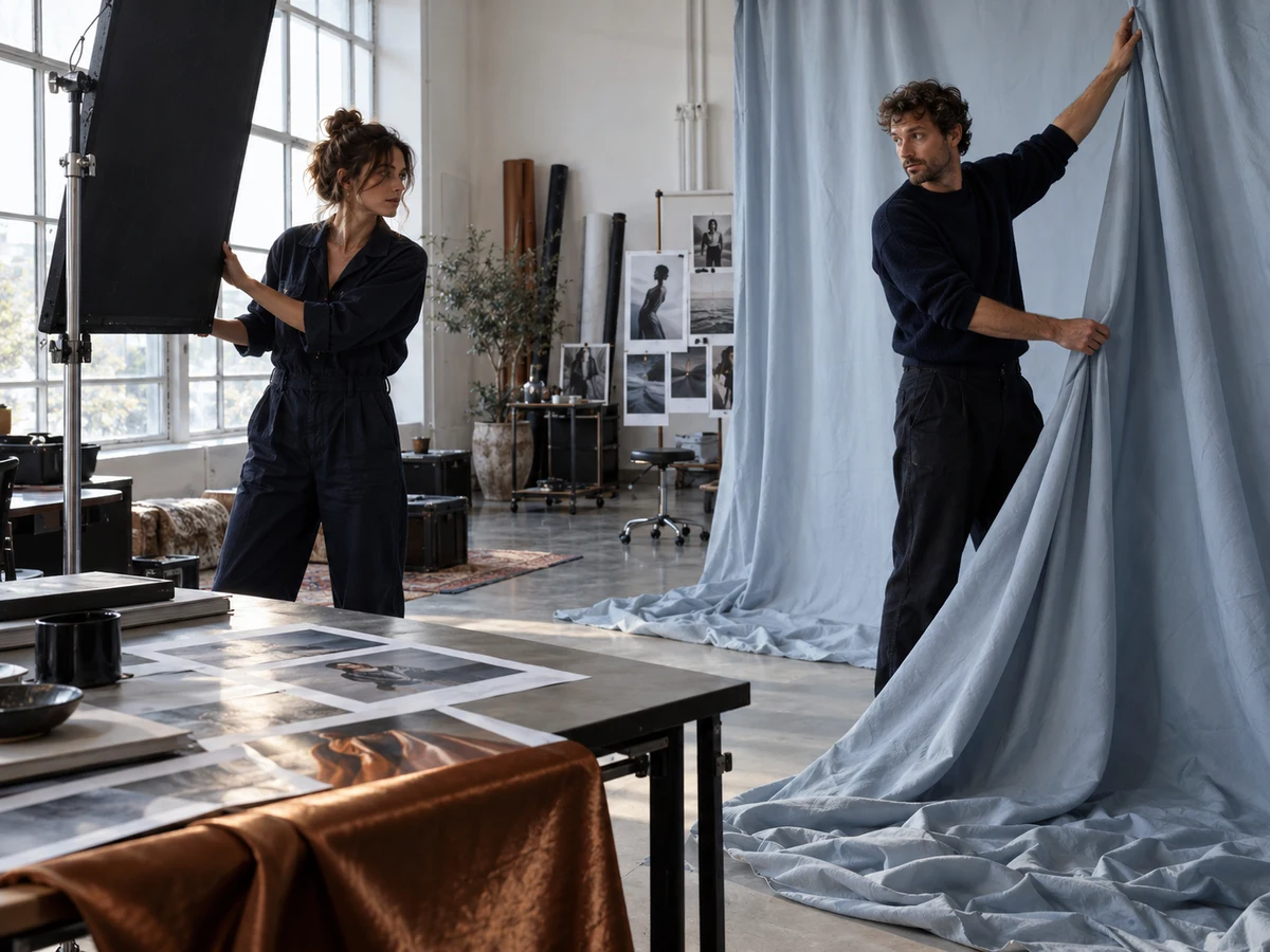 Twee makers werken samen aan een lichtopstelling en een stoffen achtergrond in de studio