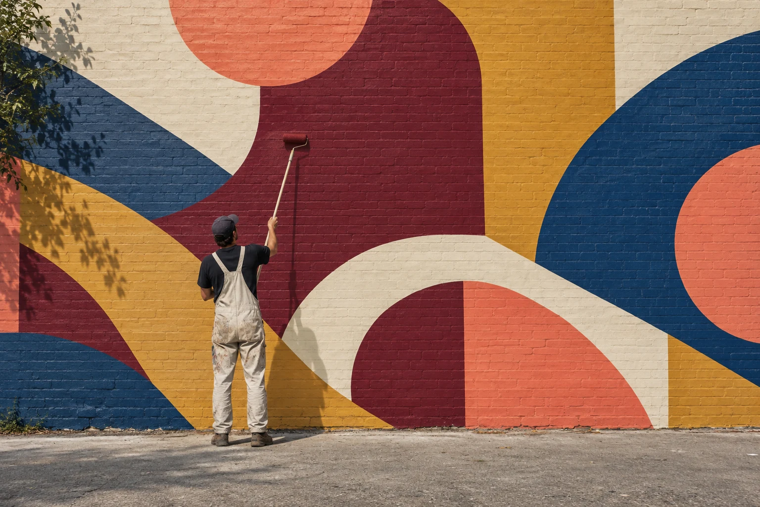 Straatkunstenaar schildert een abstracte mural op een bakstenen muur