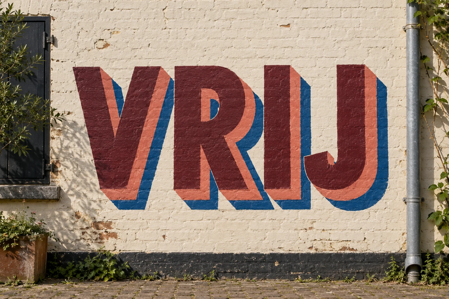 Handgeschilderde letters VRIJ op een lichte bakstenen muur