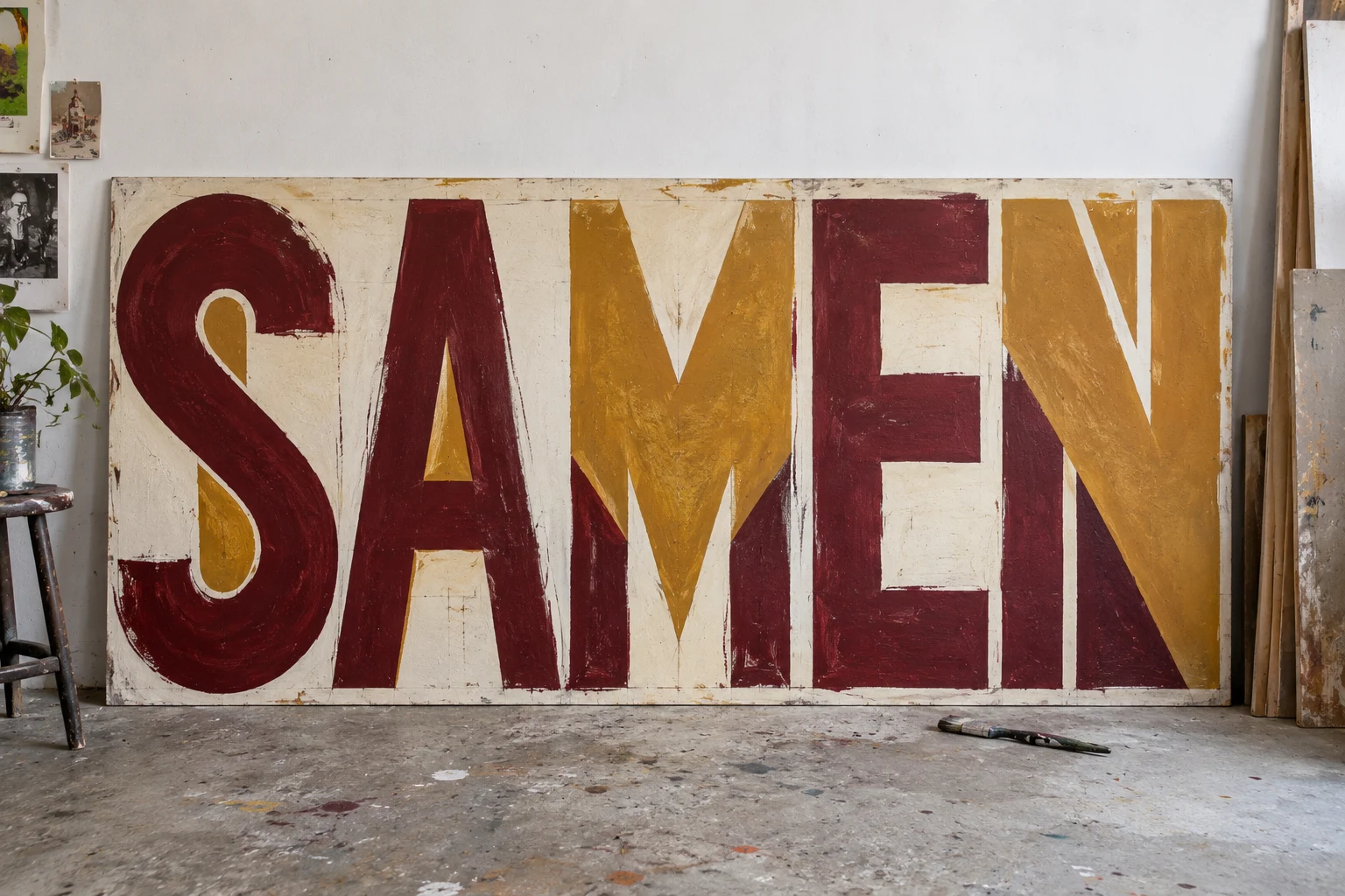 Bordeauxrode en okerkleurige letters SAMEN op een houten paneel
