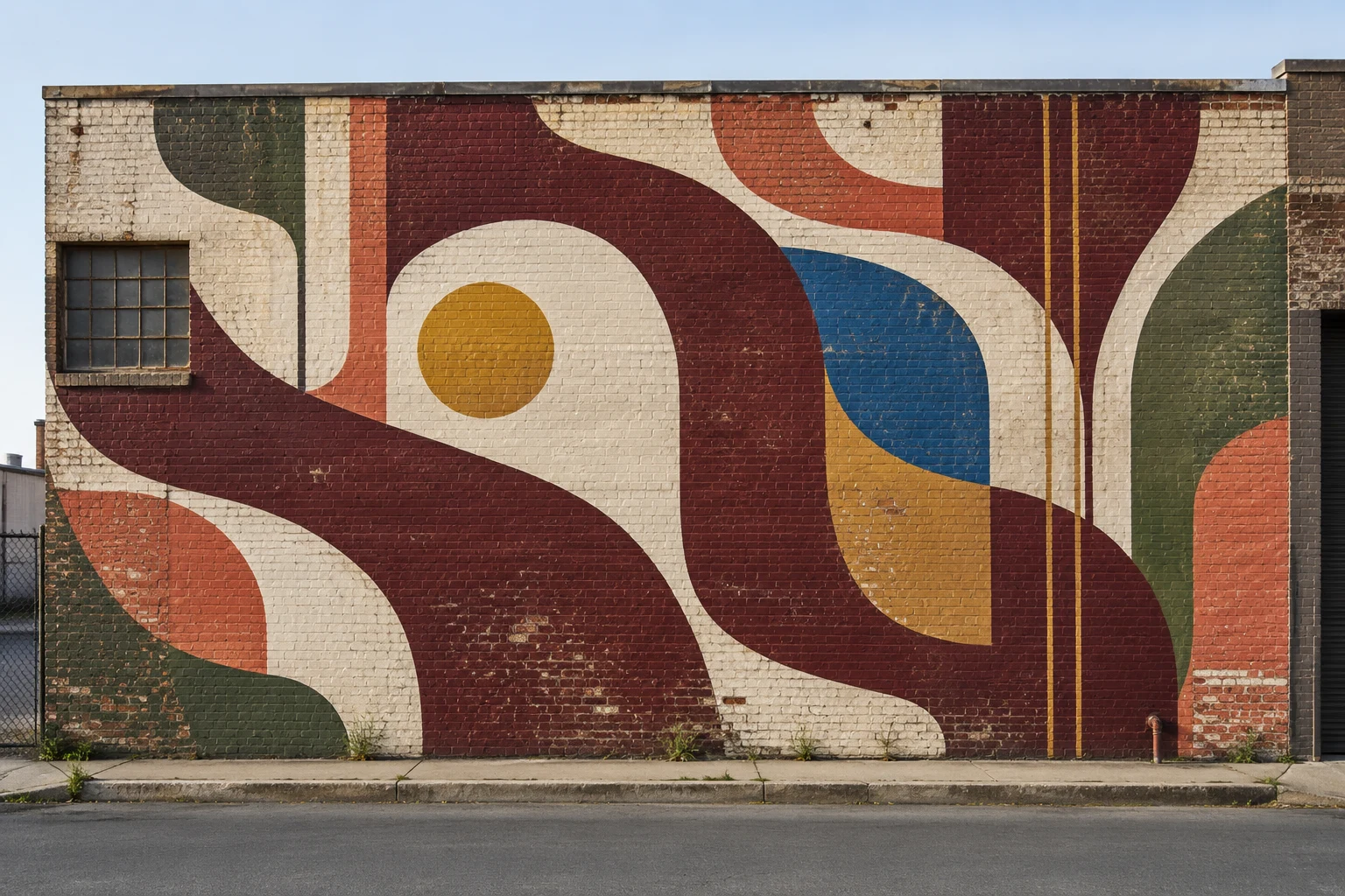 Grote abstracte mural met bordeauxrode, blauwe en okerkleurige vormen