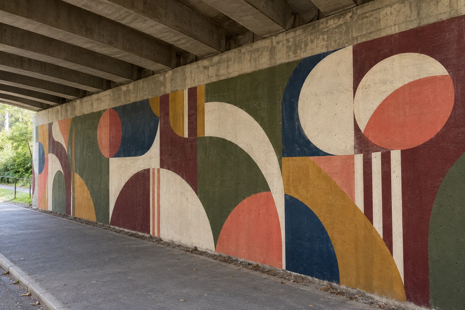 Ritmische geometrische mural langs een betonnen doorgang