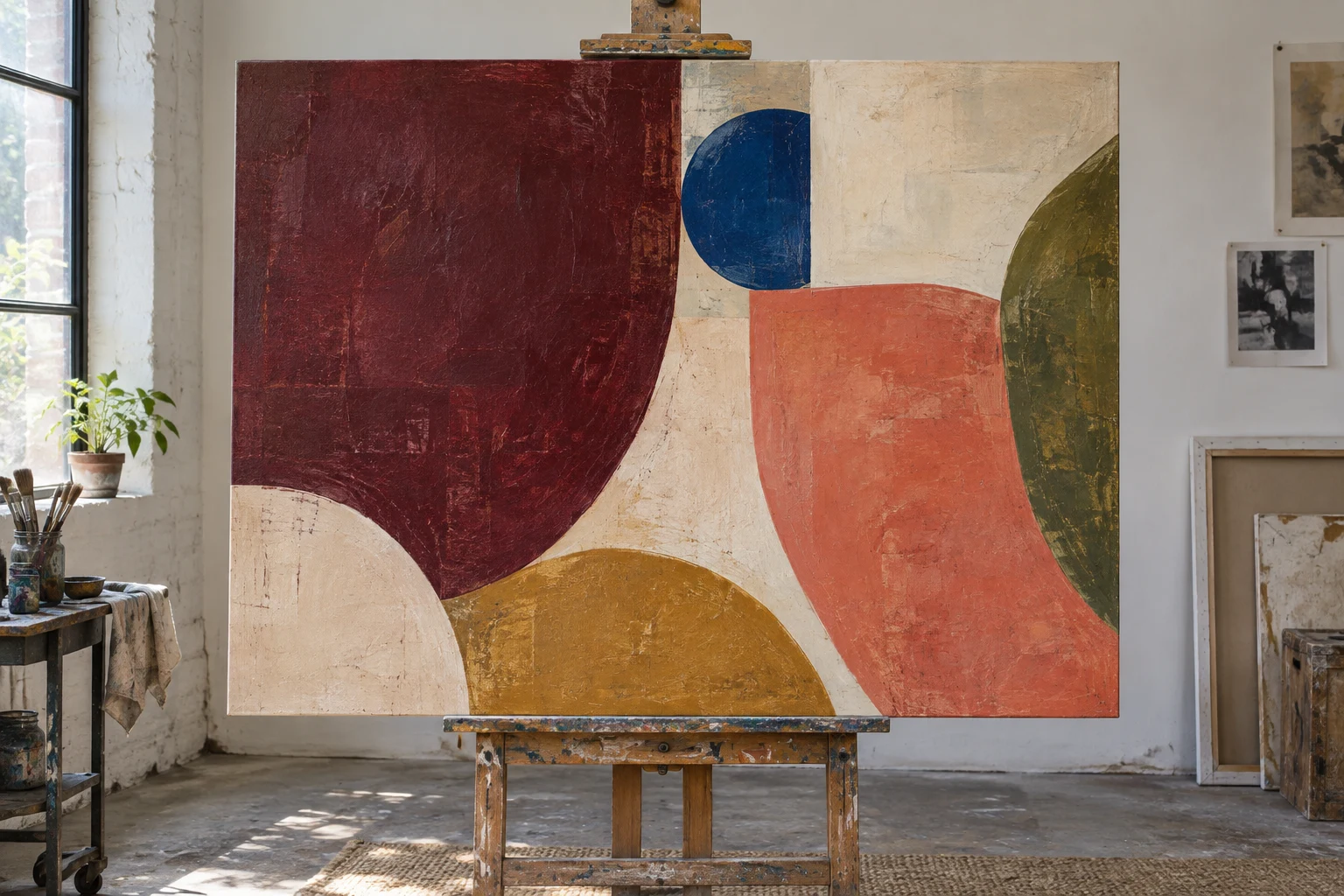 Abstract schilderij met warme kleurvlakken op een ezel in het atelier