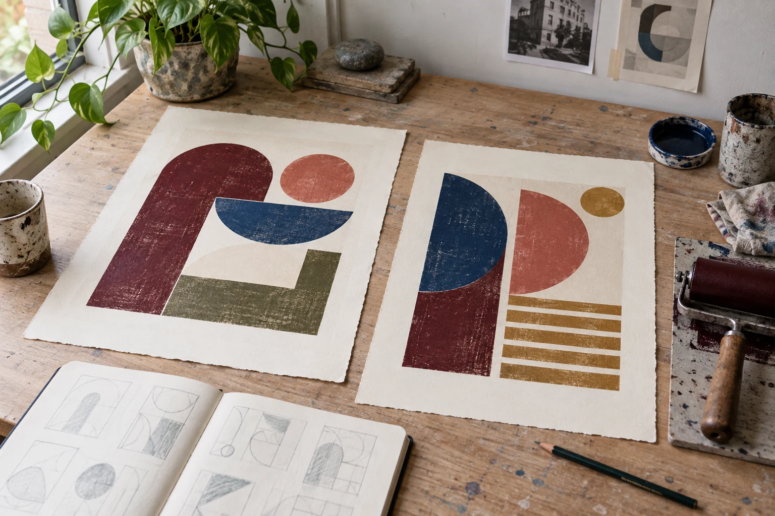 Zeefdrukken en vormstudies op een lichte werktafel
